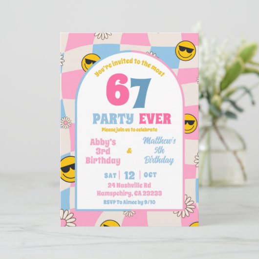 retro pink and blue checkered 67 joint birthday 招待状 (スタンド正面)