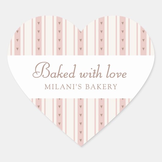 Retro Pink And Brown Heart Stripes Bakery ハートシール (正面)