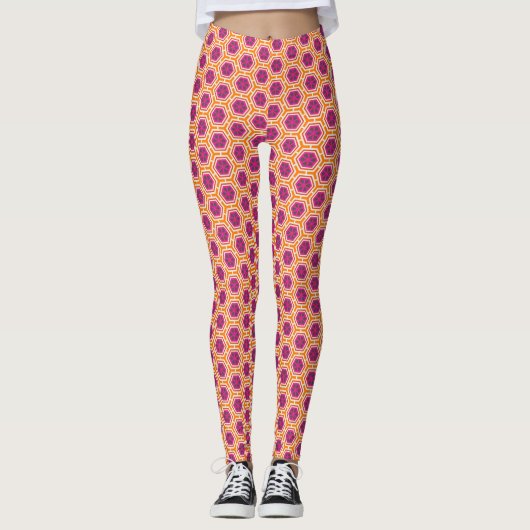 Retro Pink and Orange Modern Geometric Pattern レギンス (正面)