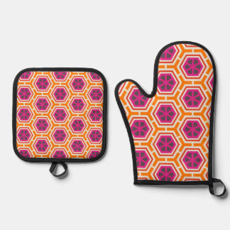 Retro Pink and Orange Modern Geometric Pattern 鍋つかみ&鍋敷きセット
