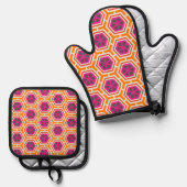 Retro Pink and Orange Modern Geometric Pattern 鍋つかみ&鍋敷きセット (正面/裏面)