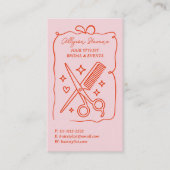 Retro Pink and Red Doodles Hair Stylist QR Code 名刺 (正面)