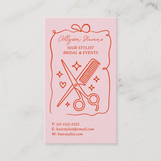 Retro Pink and Red Doodles Hair Stylist QR Code 名刺 (正面)