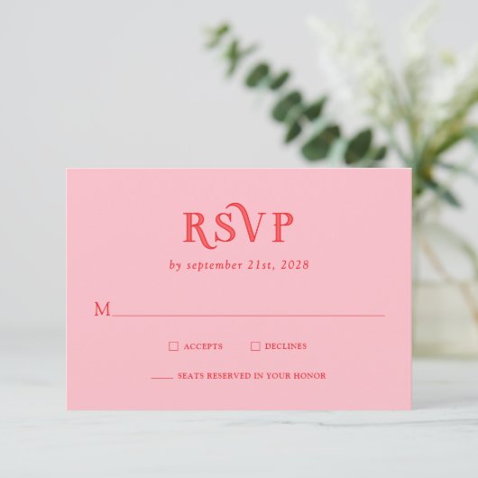 Retro Pink and Red Modern Wedding RSVP Cards (スタンド正面)