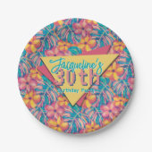 Retro Pink and Yellow Floral Birthday ペーパープレート (正面)