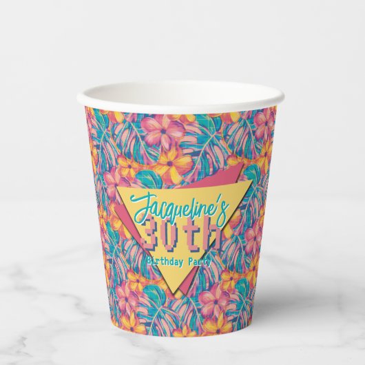 Retro Pink and Yellow Floral Birthday 紙コップ (正面)