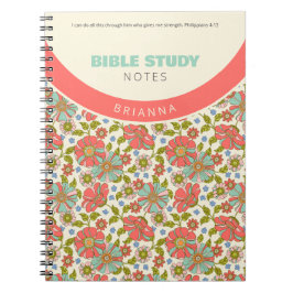 Retro Pink & Aqua Floral Personalized ノートブック