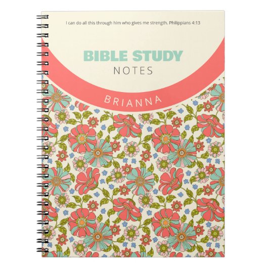 Retro Pink & Aqua Floral Personalized ノートブック (正面)