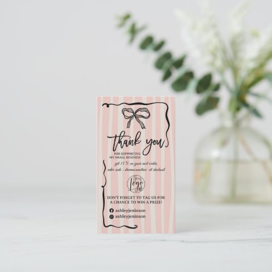 Retro Pink beige Bow Logo QR Thank You Order 名刺 (スタンド正面)