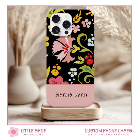Retro Pink Black Floral Monogrammed Case-Mate iPhoneケース