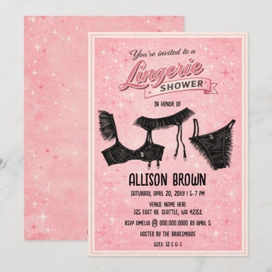 Retro Pink Black Lingerie Shower Bachelorette  招待状 (正面/裏面)