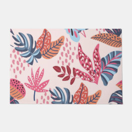 Retro Pink & Blue Tropical Leaf Pattern Outdoor ドアマット