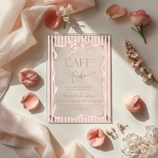 Retro Pink Bow Cafe Bebe Girl Coffee Baby Shower アクリル招待状