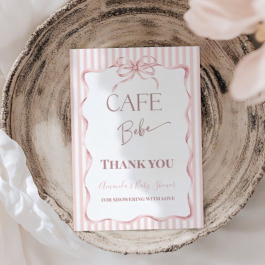 Retro Pink Bow Cafe Bebe Girl Coffee Baby Shower サンキューカード