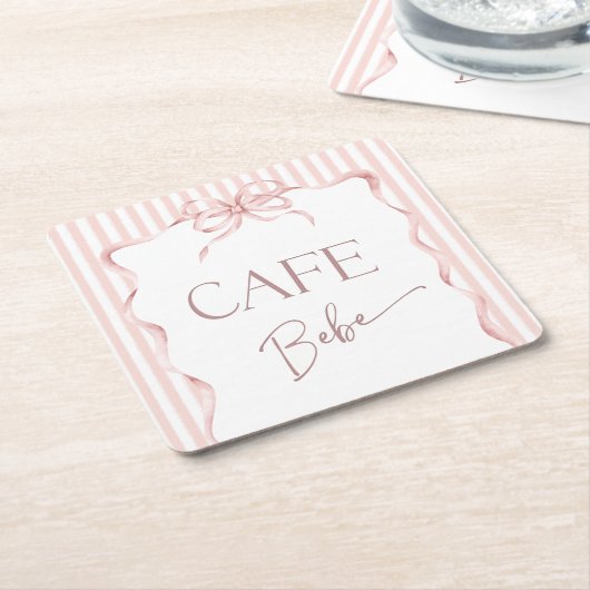 Retro Pink Bow Cafe Bebe Girl Coffee Baby Shower スクエアペーパーコースター (アングル)