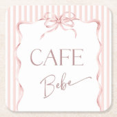 Retro Pink Bow Cafe Bebe Girl Coffee Baby Shower スクエアペーパーコースター (正面)