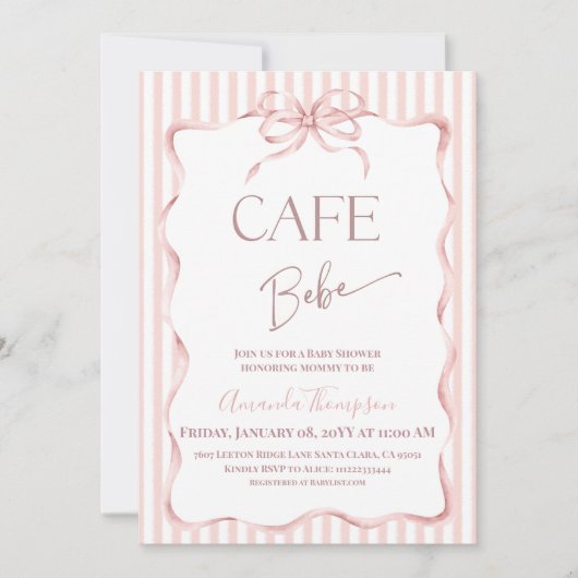 Retro Pink Bow Cafe Bebe Girl Coffee Baby Shower 招待状 (正面)