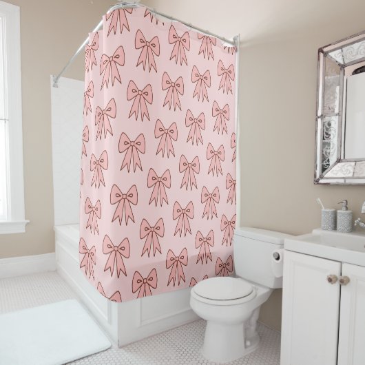 Retro Pink Bows Shower Curtain  シャワーカーテン (インサイチュ)