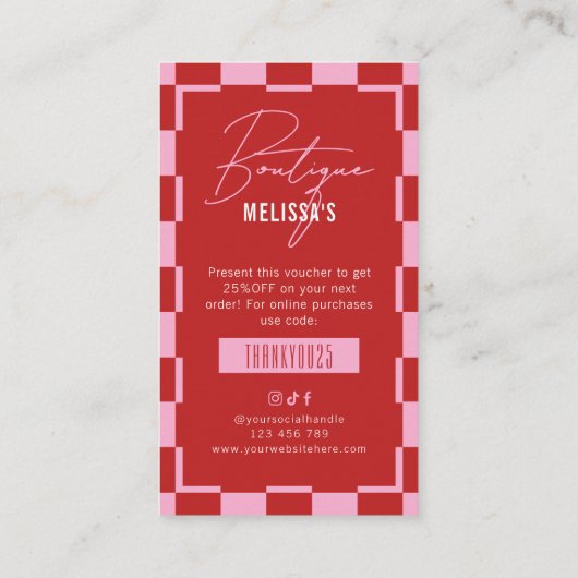 Retro Pink Business Next Order Discount Voucher 名刺 (裏面)