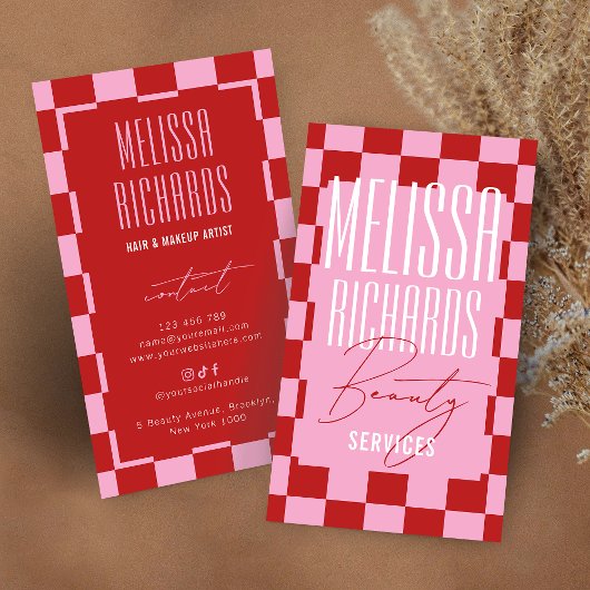 Retro Pink Checkered Aesthetician Lashes Salon 名刺