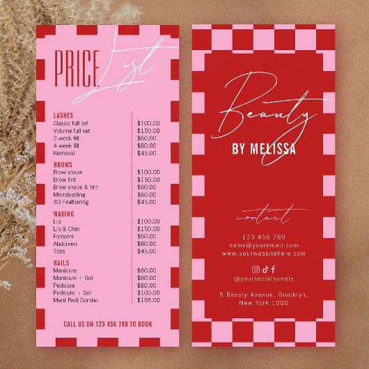 Retro Pink Checkered Hair Makeup Salon Price List ラックカード