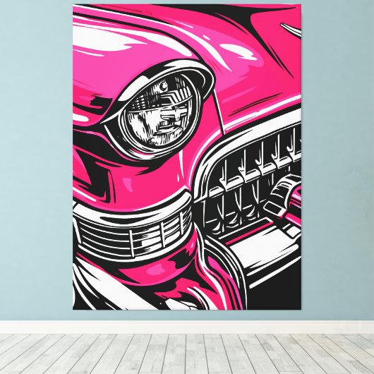 Retro Pink Classic Car Front Pop Art Illustration キャンバスプリント (インサイチュ (ウッドフロア))