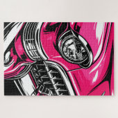 Retro Pink Classic Car Front Pop Art Illustration ジグソーパズル (横)
