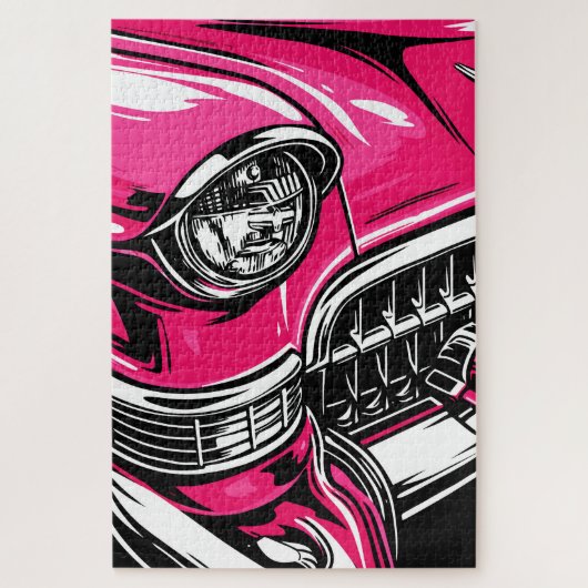 Retro Pink Classic Car Front Pop Art Illustration ジグソーパズル (縦)