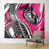 Retro Pink Classic Car Front Pop Art Illustration タペストリー (インサイチュ(横))