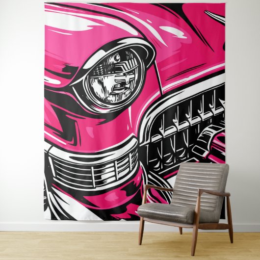 Retro Pink Classic Car Front Pop Art Illustration タペストリー (インサイチュ)