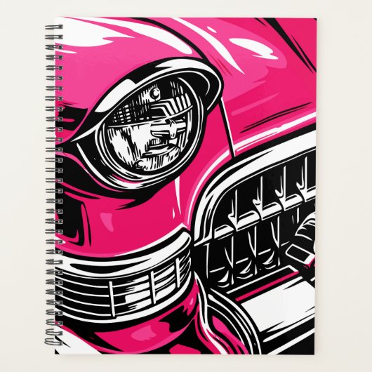 Retro Pink Classic Car Front Pop Art Illustration プランナー手帳 (正面)