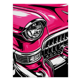 Retro Pink Classic Car Front Pop Art Illustration ポスター