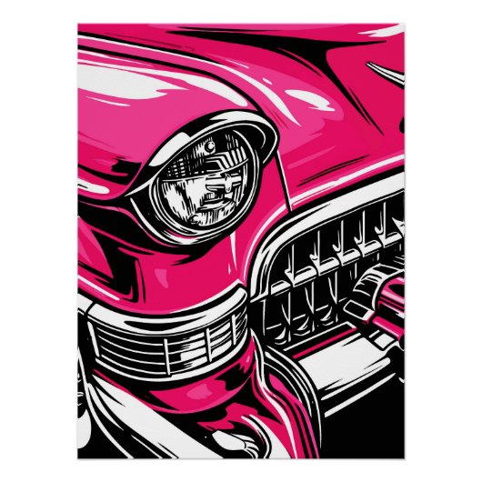 Retro Pink Classic Car Front Pop Art Illustration ポスター (正面)