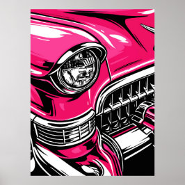 Retro Pink Classic Car Front Pop Art Illustration ポスター