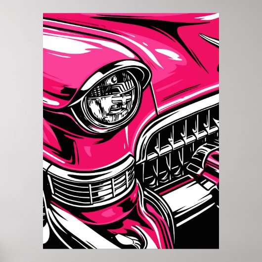 Retro Pink Classic Car Front Pop Art Illustration ポスター (正面)