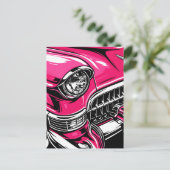 Retro Pink Classic Car Front Pop Art Illustration ポストカード (スタンド正面)