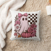 Retro Pink Coquette Ghost Girl with Bow Halloween クッション (ブランケット)