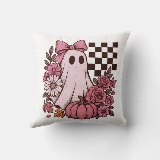 Retro Pink Coquette Ghost Girl with Bow Halloween クッション (裏面)