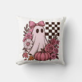 Retro Pink Coquette Ghost Girl with Bow Halloween クッション (正面)
