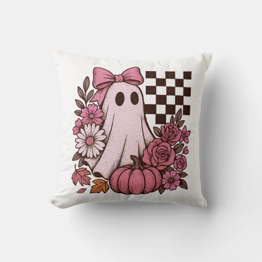 Retro Pink Coquette Ghost Girl with Bow Halloween クッション (正面)