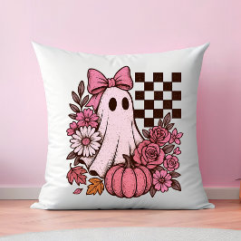 Retro Pink Coquette Ghost Girl with Bow Halloween クッション