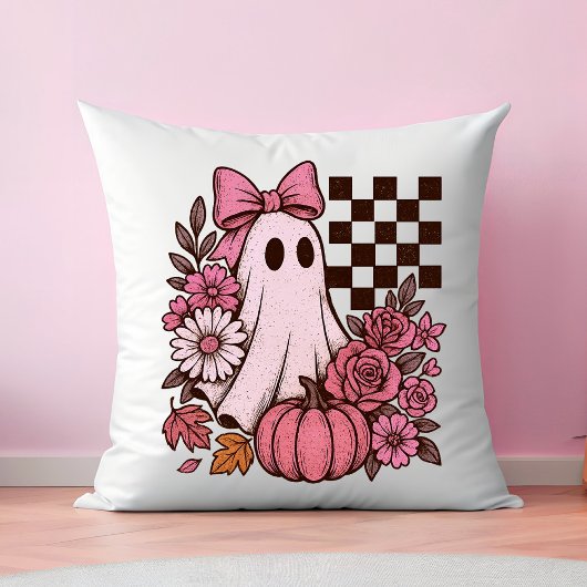 Retro Pink Coquette Ghost Girl with Bow Halloween クッション