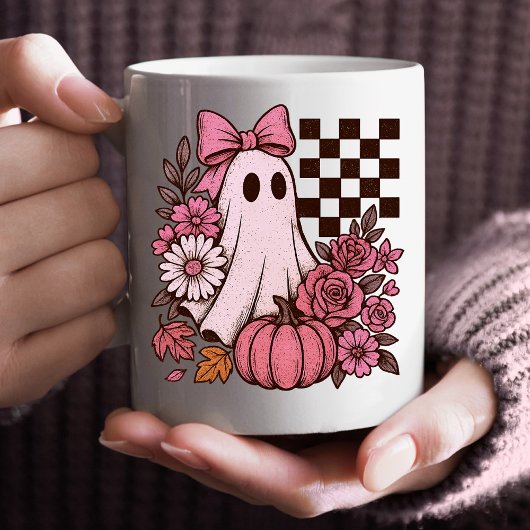Retro Pink Coquette Ghost Girl with Bow Halloween コーヒーマグカップ