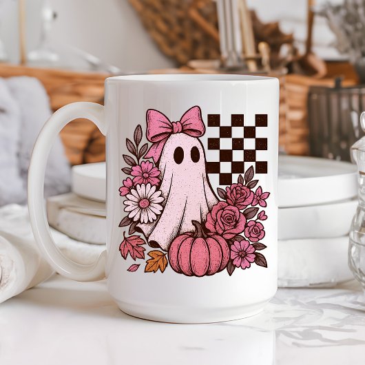 Retro Pink Coquette Ghost Girl with Bow Halloween コーヒーマグカップ