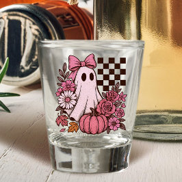 Retro Pink Coquette Ghost Girl with Bow Halloween ショットグラス