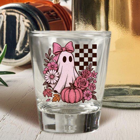 Retro Pink Coquette Ghost Girl with Bow Halloween ショットグラス