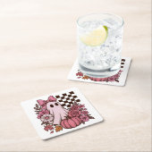 Retro Pink Coquette Ghost Girl with Bow Halloween スクエアペーパーコースター (インサイチュ)