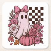 Retro Pink Coquette Ghost Girl with Bow Halloween スクエアペーパーコースター (正面)