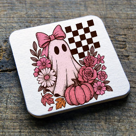 Retro Pink Coquette Ghost Girl with Bow Halloween スクエアペーパーコースター