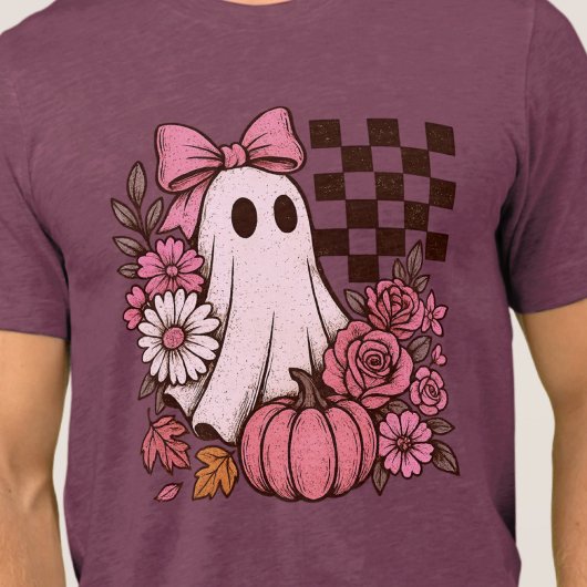 Retro Pink Coquette Ghost Girl with Bow Halloween トライブレンドＴシャツ